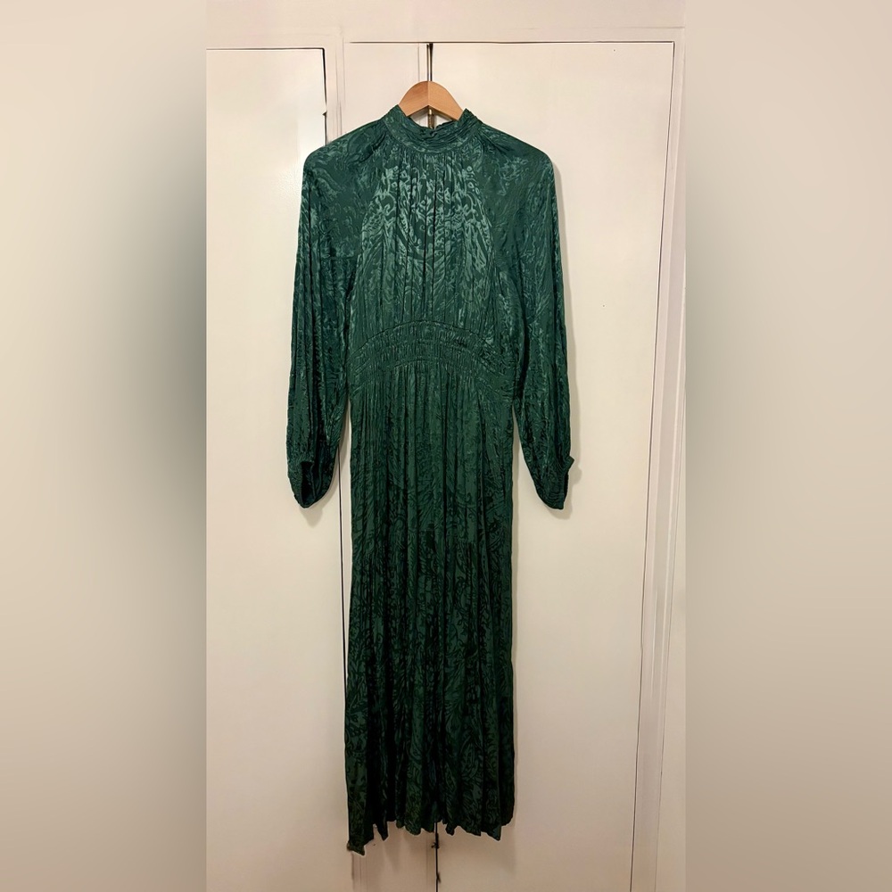 Anthropologie Forest Green Brocade Long Sleeve Somerset Dress